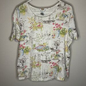 Talbots Vintage Women's Large Floral Village Short Sleeve T-Shirt Cotton Spandex